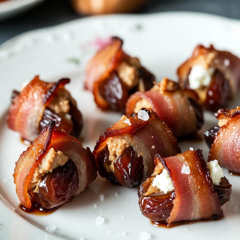 Bacon-wrapped dates stuffed with almond butter and goat cheese glow, drizzled in balsamic mist and sea salt crystals