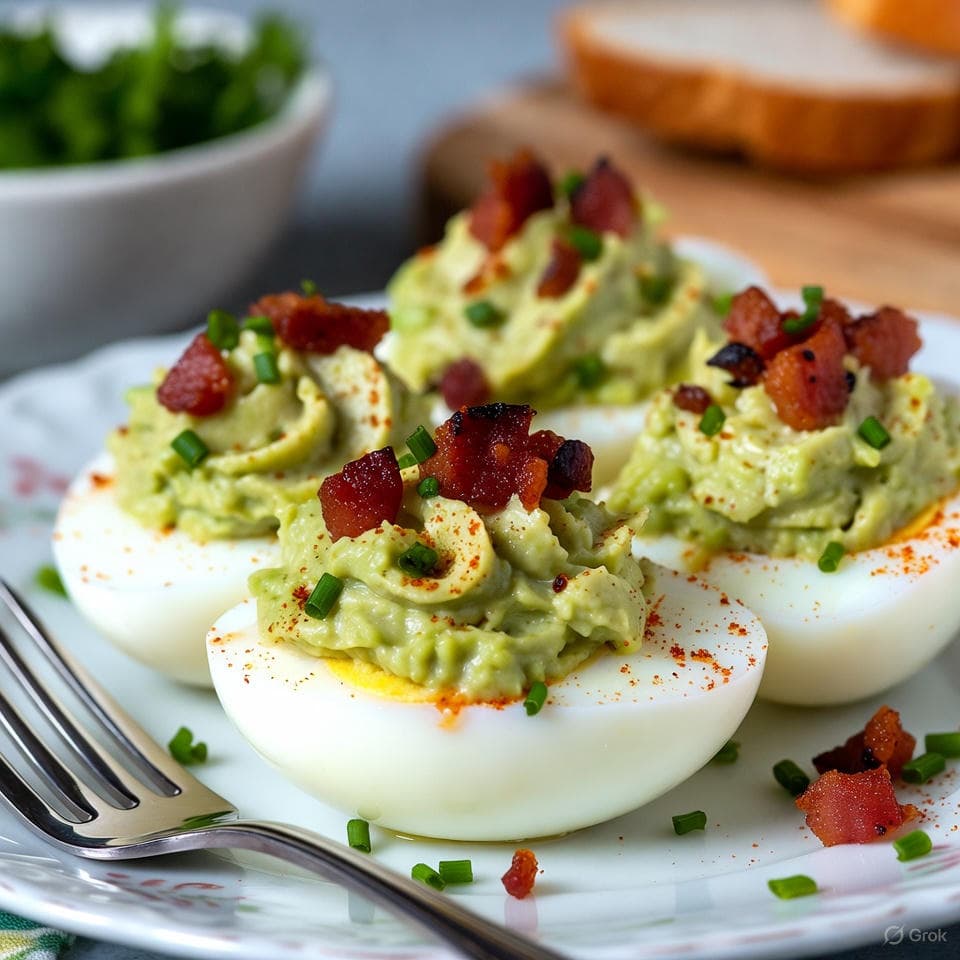 Creamy avocado-filled deviled eggs topped with bacon crumbles, paprika dust, and chive flecks