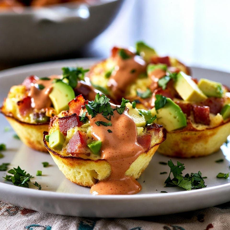 Fluffy baked egg bites studded with bacon bits and creamy avocado chunks, drizzled in smoky chipotle crema and cilantro confetti