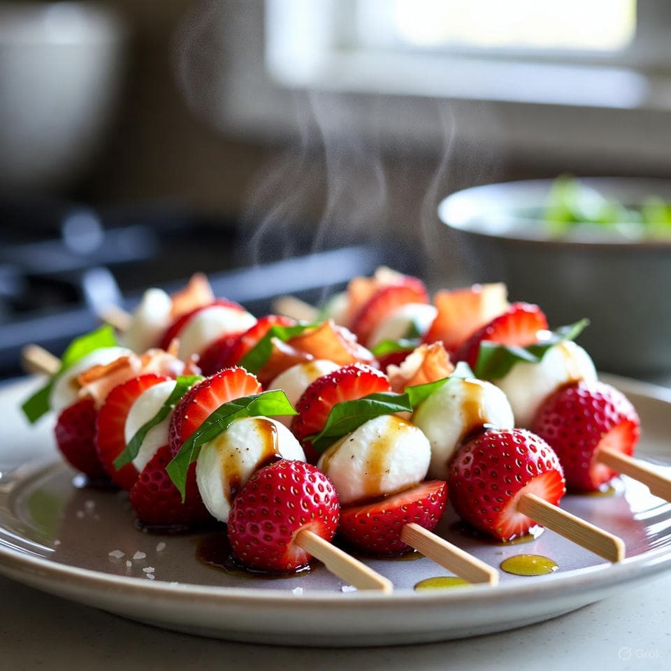 Balsamic-reduced strawberry-mozzarella caprese skewers threaded with basil leaves and prosciutto wisps, pearl-popping fresh