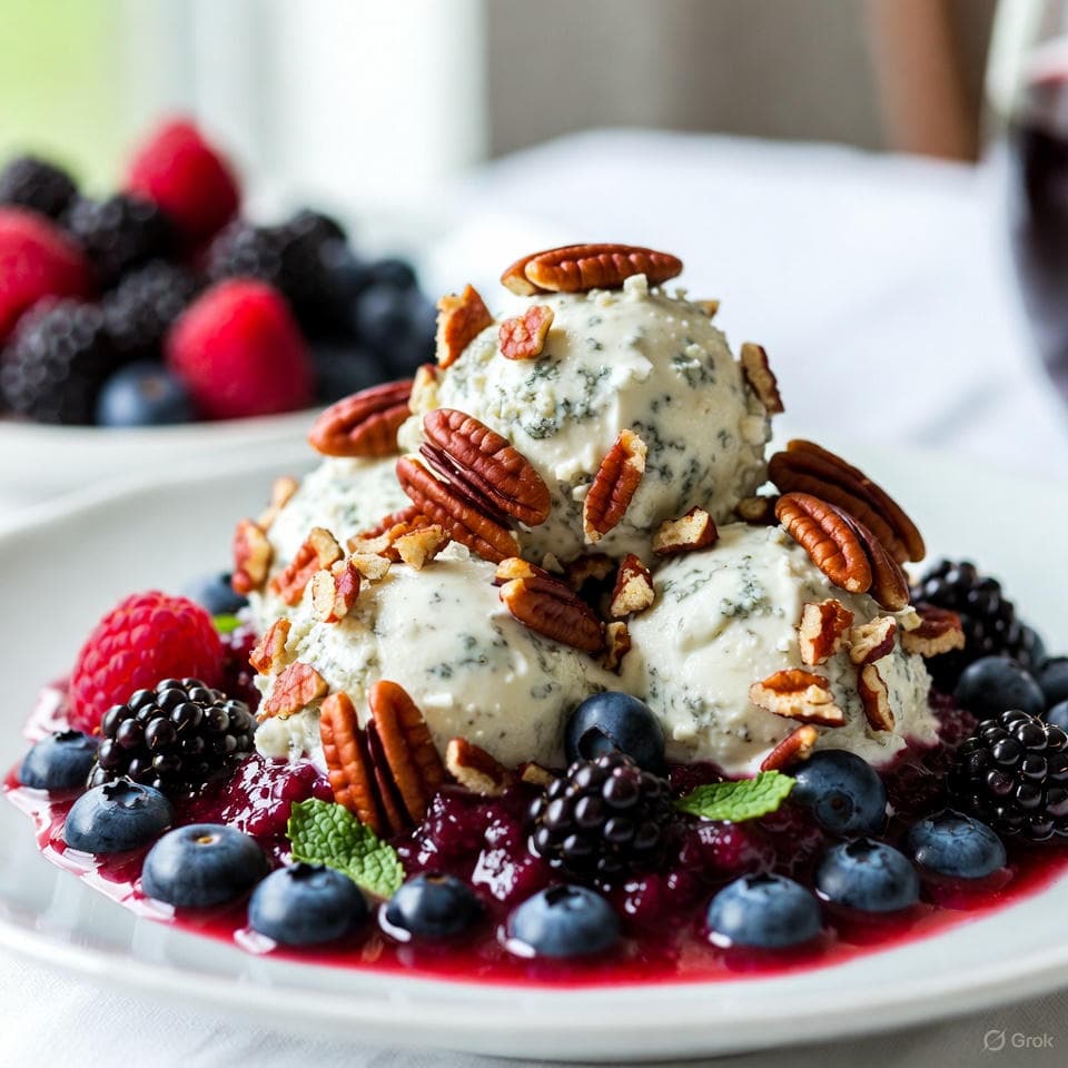 Explosive blue cheese-stuffed yogurt bombs rolled in crushed candied pecans, nestled in fresh berry coulis with mint whispers