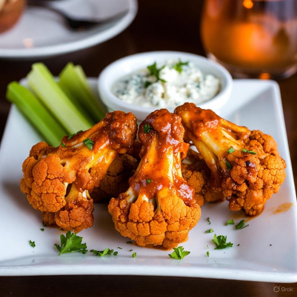 Crispy buffalo-sauced cauliflower wings with chunky blue cheese dip, celery sticks for crunch