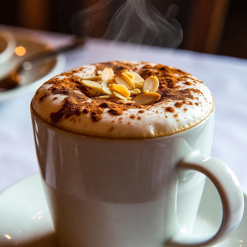 Steaming coffee mug with creamy foam cap, cinnamon dust, and almond slivers afloat