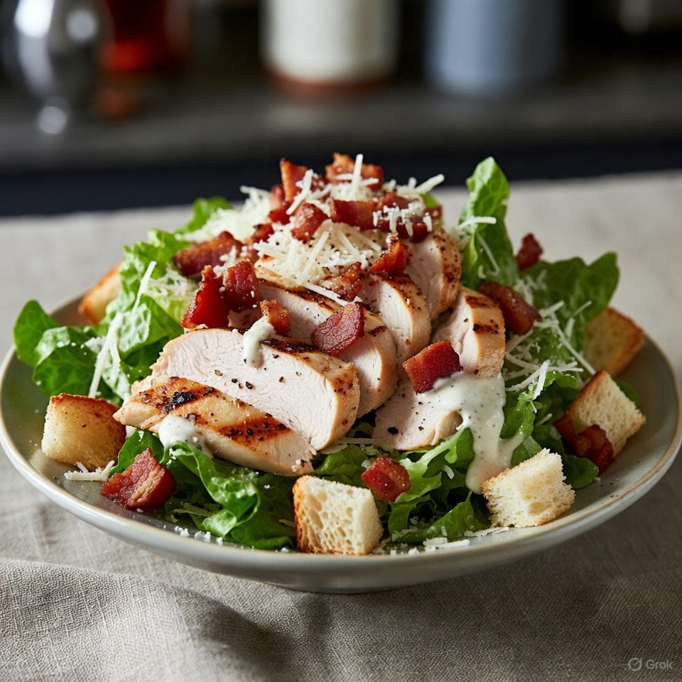 Romaine-crisp Caesar chicken salad with creamy dressing, bacon bits crunch, and parmesan whispers