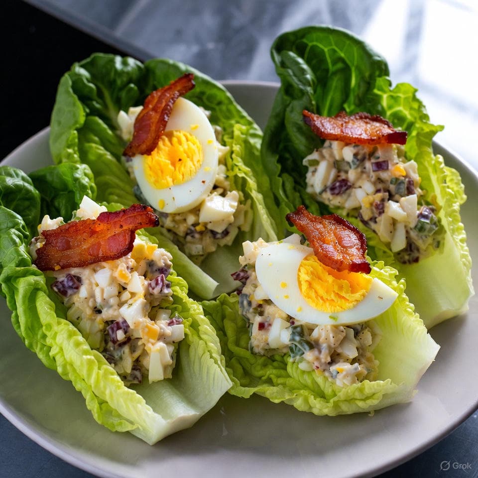 Smoky chipotle-crema swirled egg salad in romaine wraps, shattered with candied bacon brittle and pickled jalapeño pop