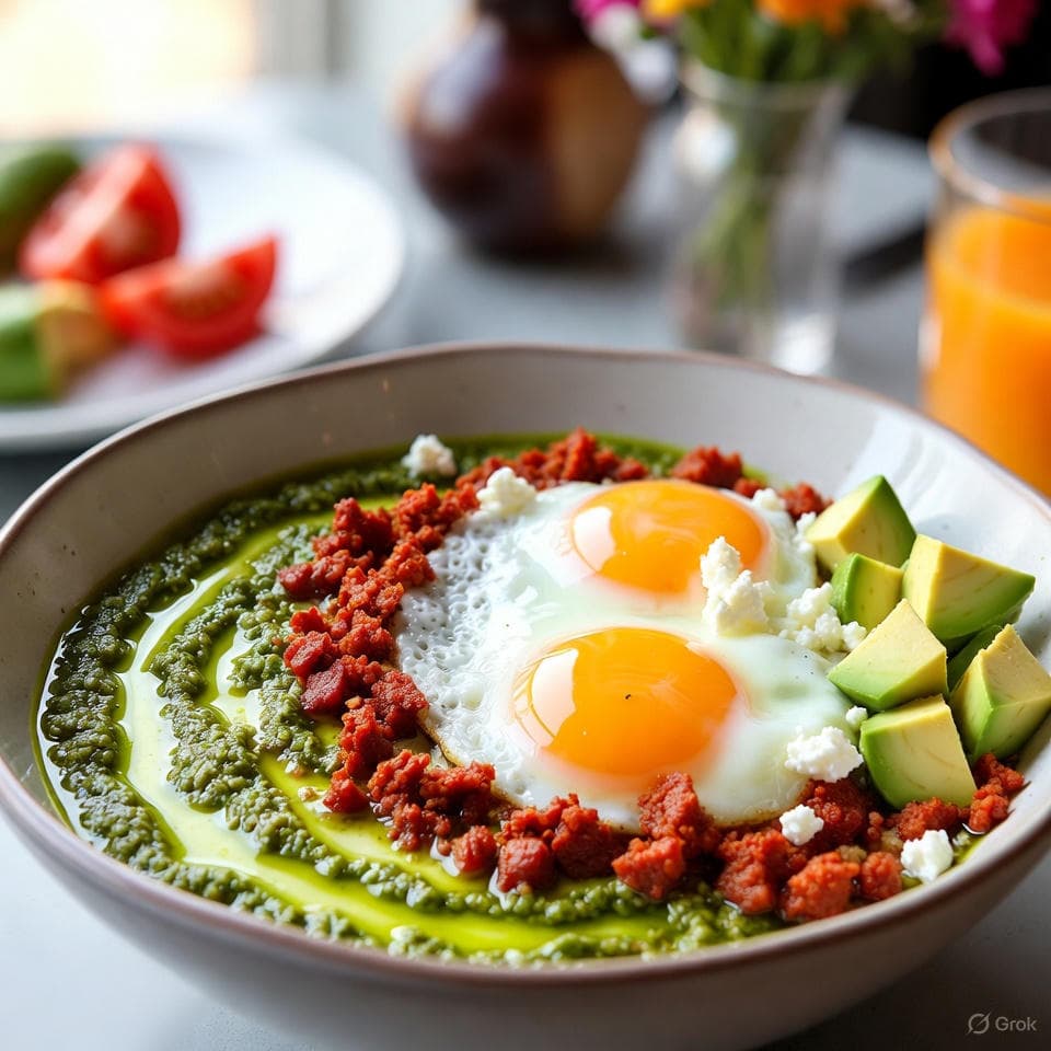 Smoky chorizo crumbles in pesto-swirled breakfast bowl with sunny-side eggs, avocado dice, and feta fireworks