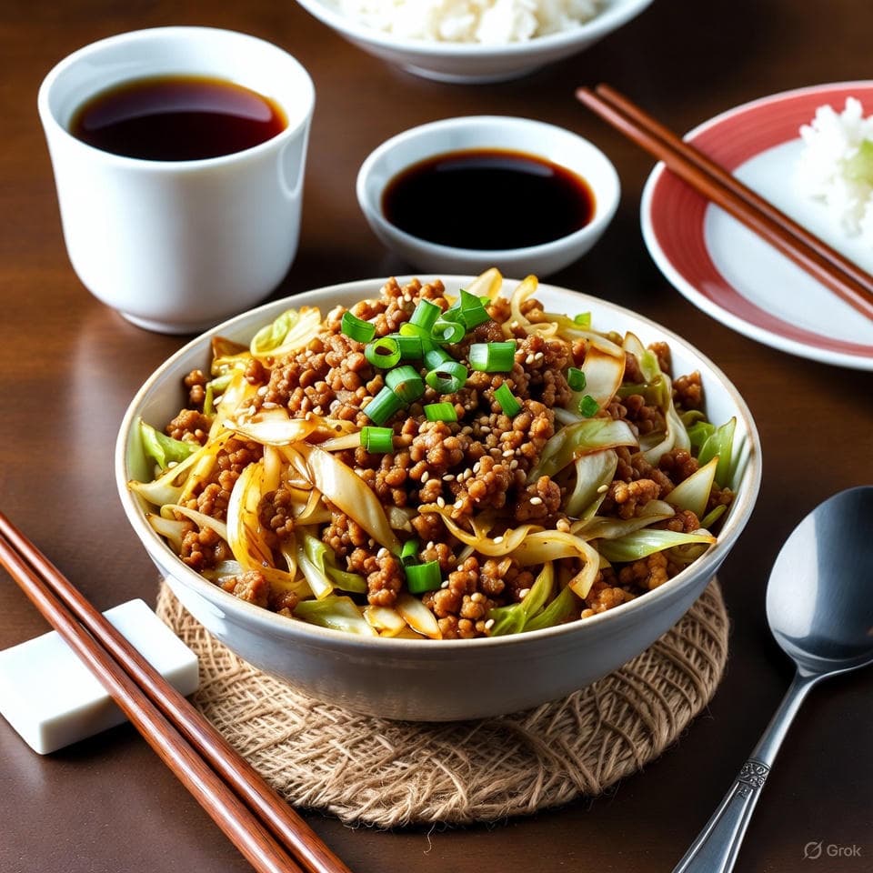 Stir-fried ground pork and cabbage 'egg roll' bowl with sesame-soy glaze and green onion flecks