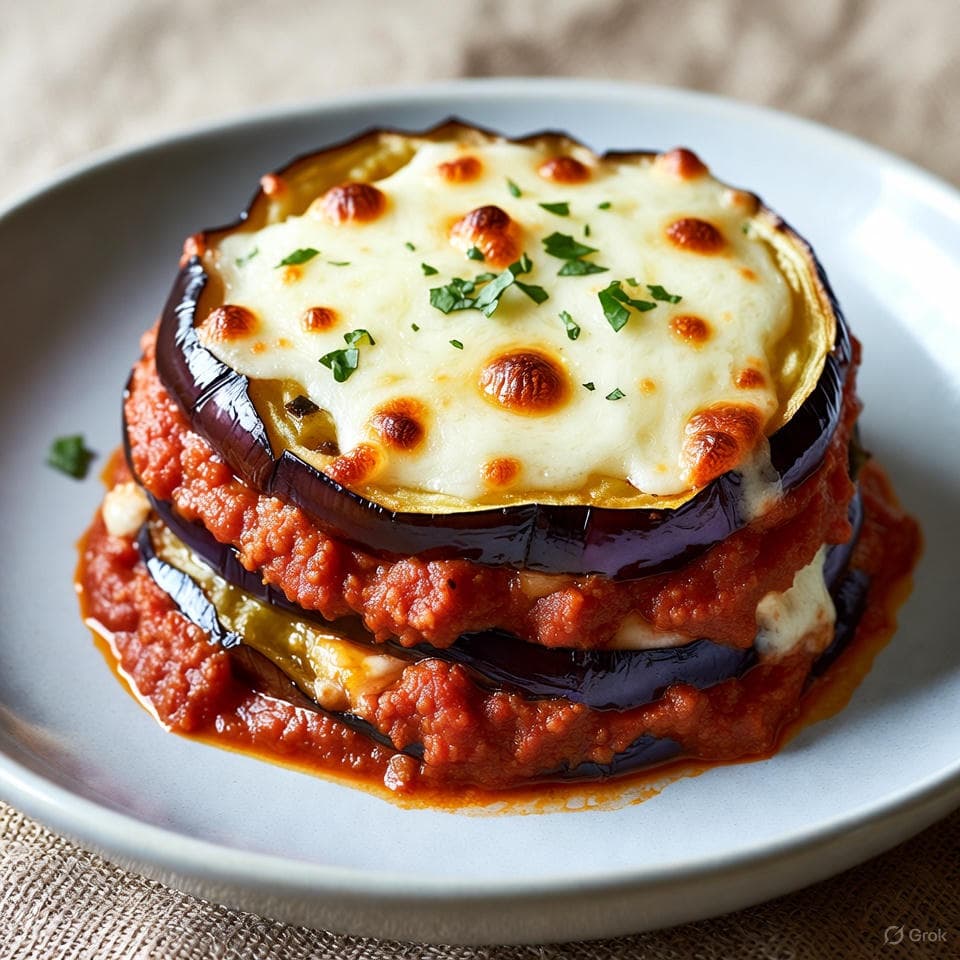 Layered eggplant slices baked with marinara and mozzarella melt, stacked high with basil confetti