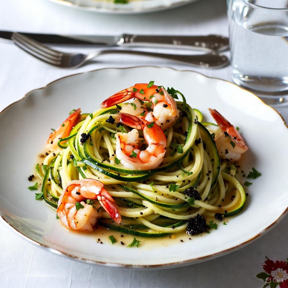 Swirly zucchini noodles tossed in garlicky butter with plump shrimp, lemon zest flecks for bright pop