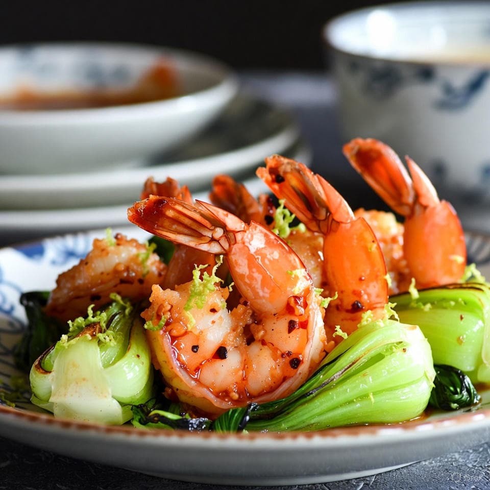 Fiery gochujang-coconut glazed shrimp curled in creamy shells, with shatter-crispy bok choy hearts and lime zest fireworks