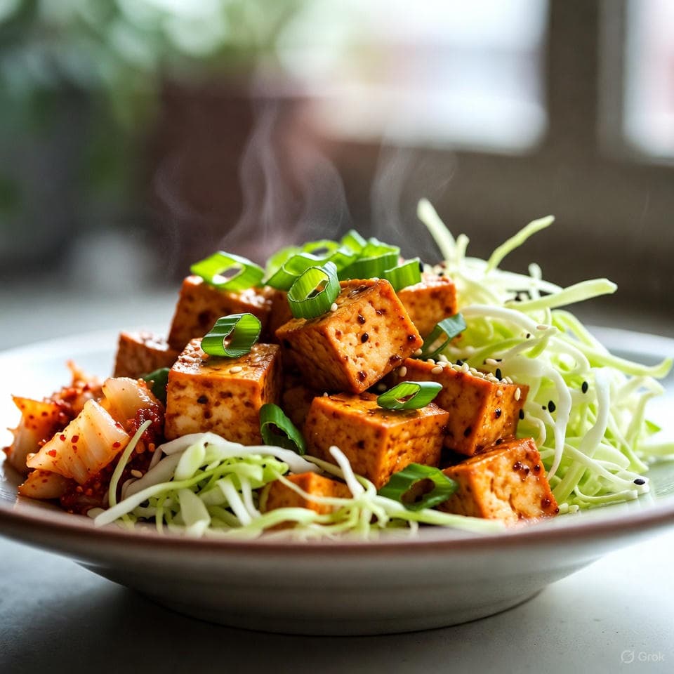 Glazed gochujang tofu cubes in a fiery bowl with fermented kimchi crunch, sesame slaw, and scallion fireworks