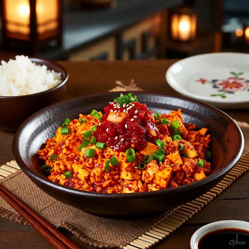 Fiery gochujang-spiked tofu scramble flecked with green onions, topped with tangy kimchi relish and sesame sparkle