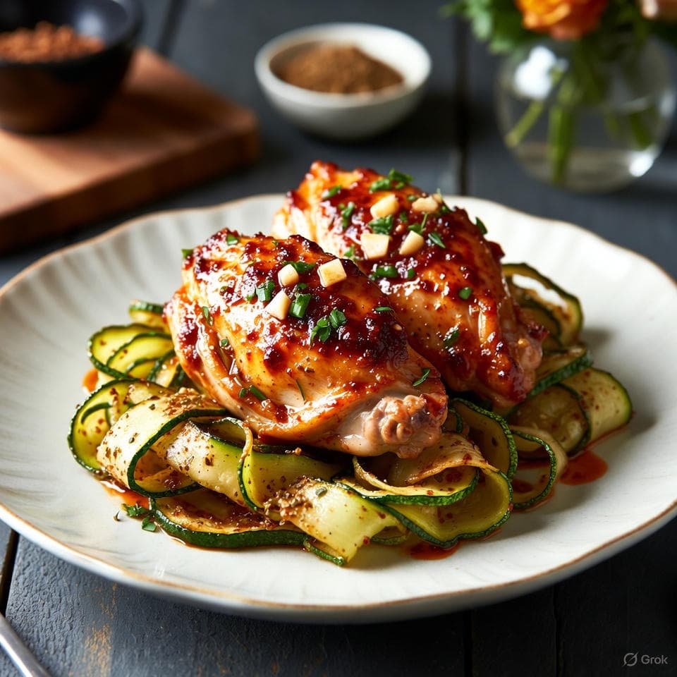 Spicy harissa-glazed chicken thighs with golden garlic butter, paired with ultra-crispy zucchini ribbons dusted in za'atar