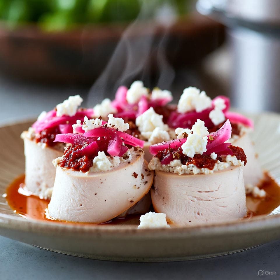 Spiral harissa-tahini slathered turkey slices rolled with creamy cheese, spiked with pickled radish ribbons and feta flecks