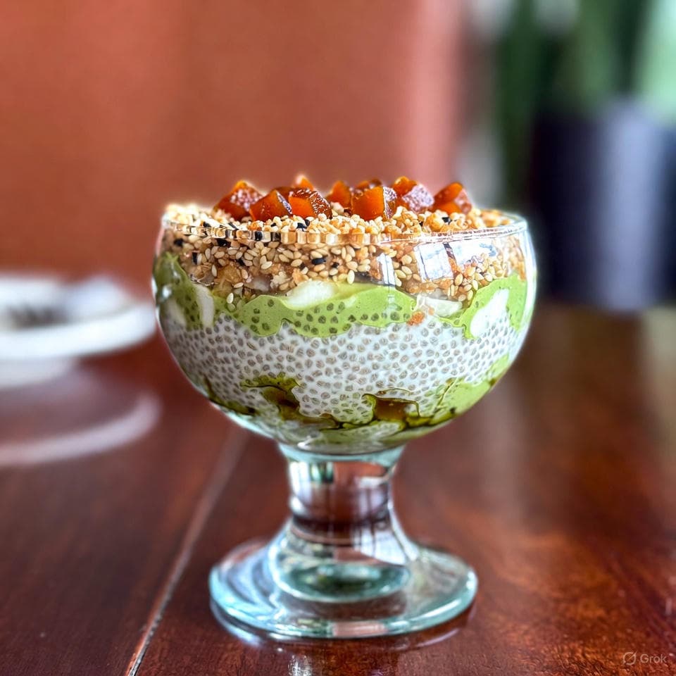 Layered matcha-miso infused chia pudding parfait with creamy coconut layers, crowned by toasted sesame crunch and candied ginger flecks
