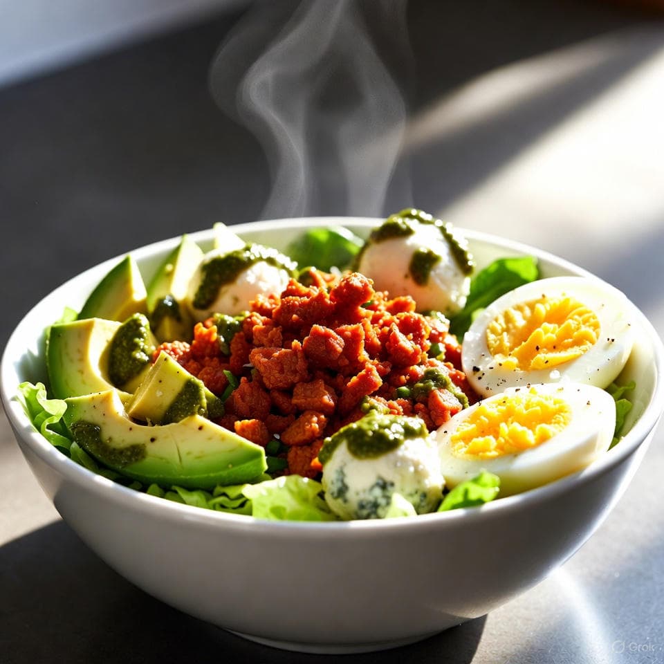 Vibrant pesto-drizzled chorizo cobb bowl layered with blue cheese bombs, avocado chunks, and hard-boiled egg halves