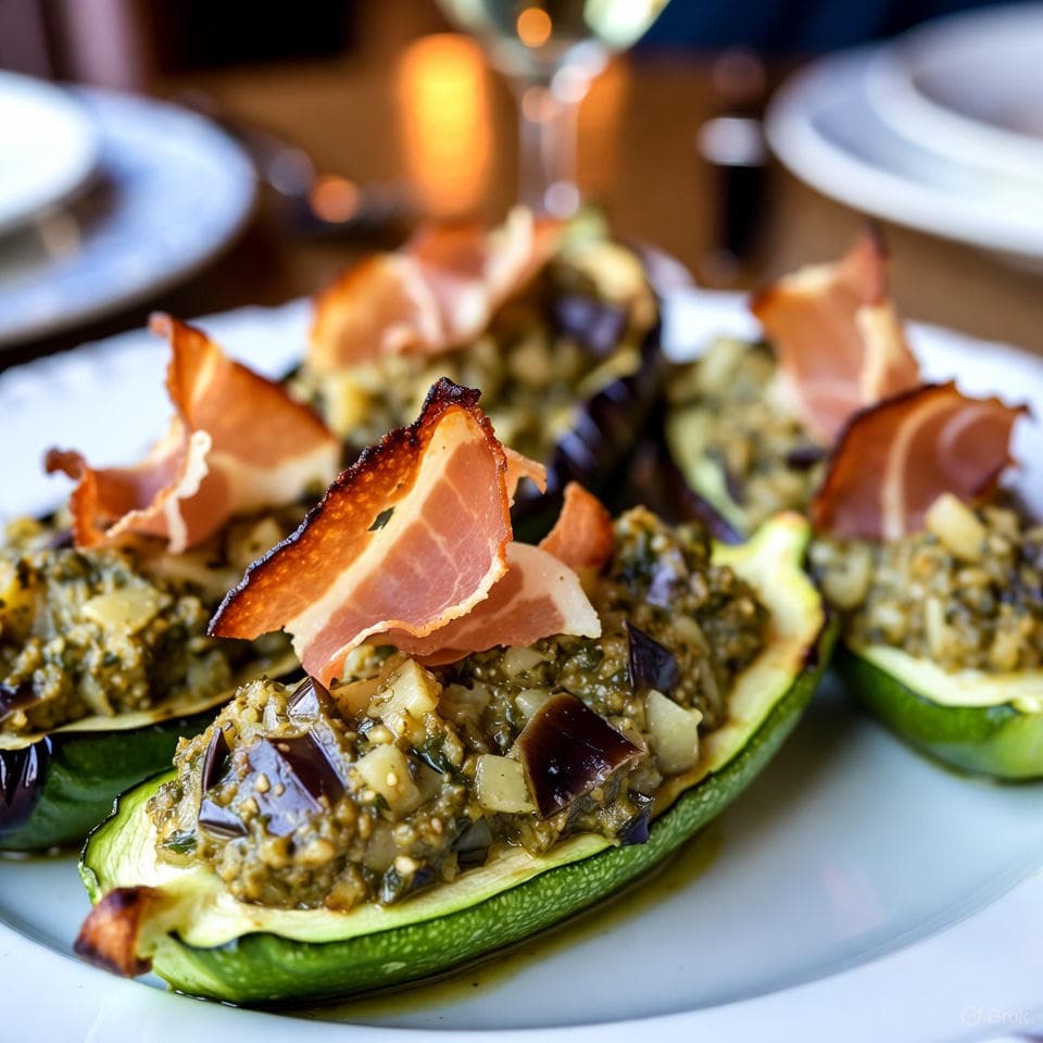 Baked zucchini boats overflowing with pesto-swirled eggplant parmesan layers, crowned with shattered prosciutto crisps