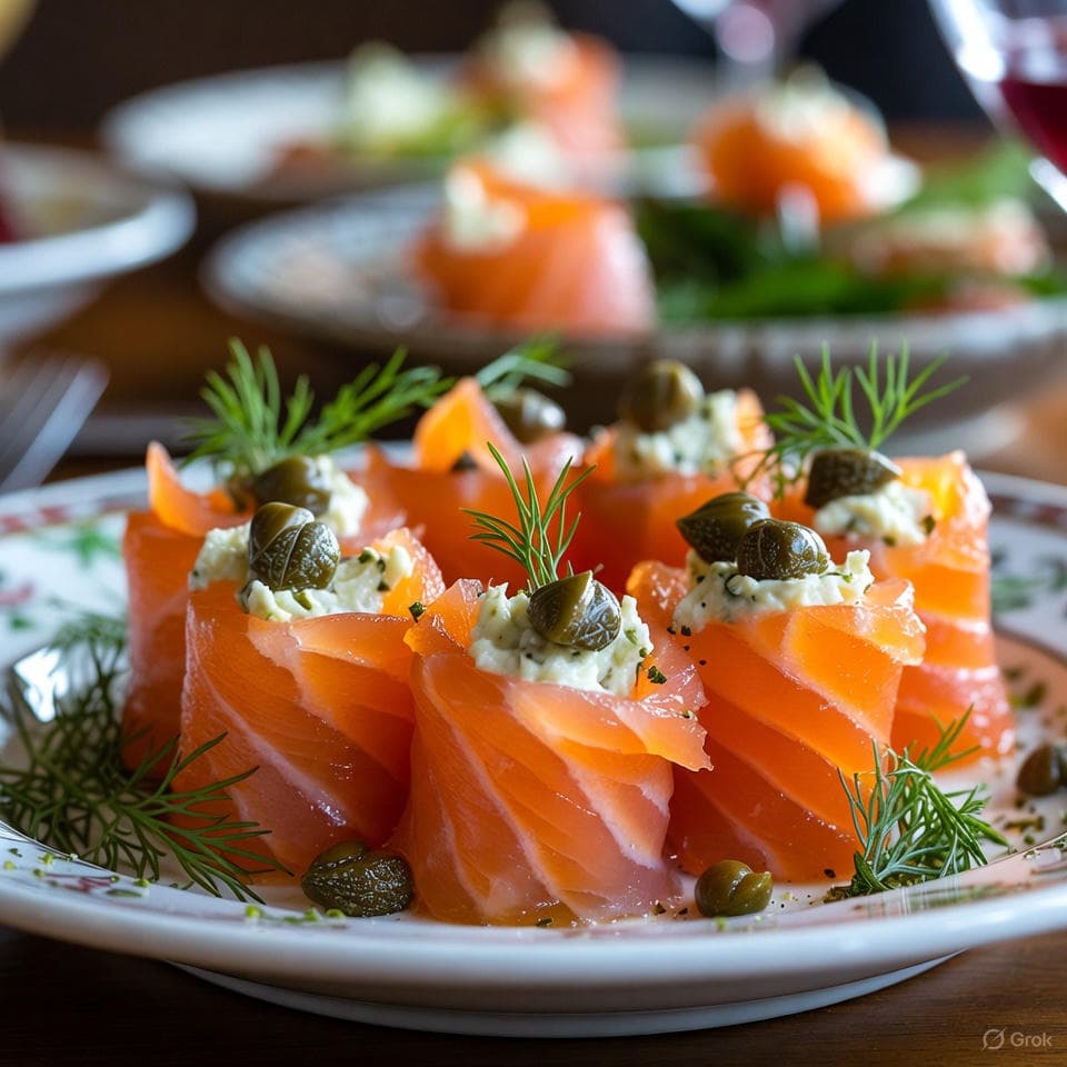 Silky pesto-poached smoked salmon slices rolled with wasabi-kissed cream cheese, dotted with caper bursts and dill fronds