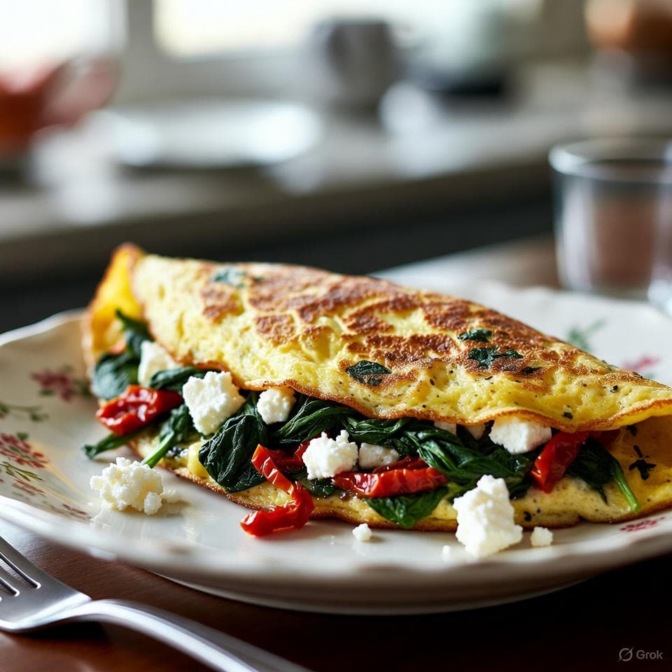 Golden omelet cradling vibrant spinach, creamy feta crumbles, and ruby sun-dried tomato flecks