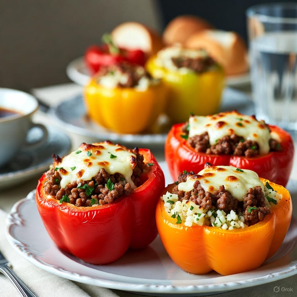 Vibrant bell peppers halved and stuffed with savory ground beef, melted cheese, and herb-infused cauliflower rice