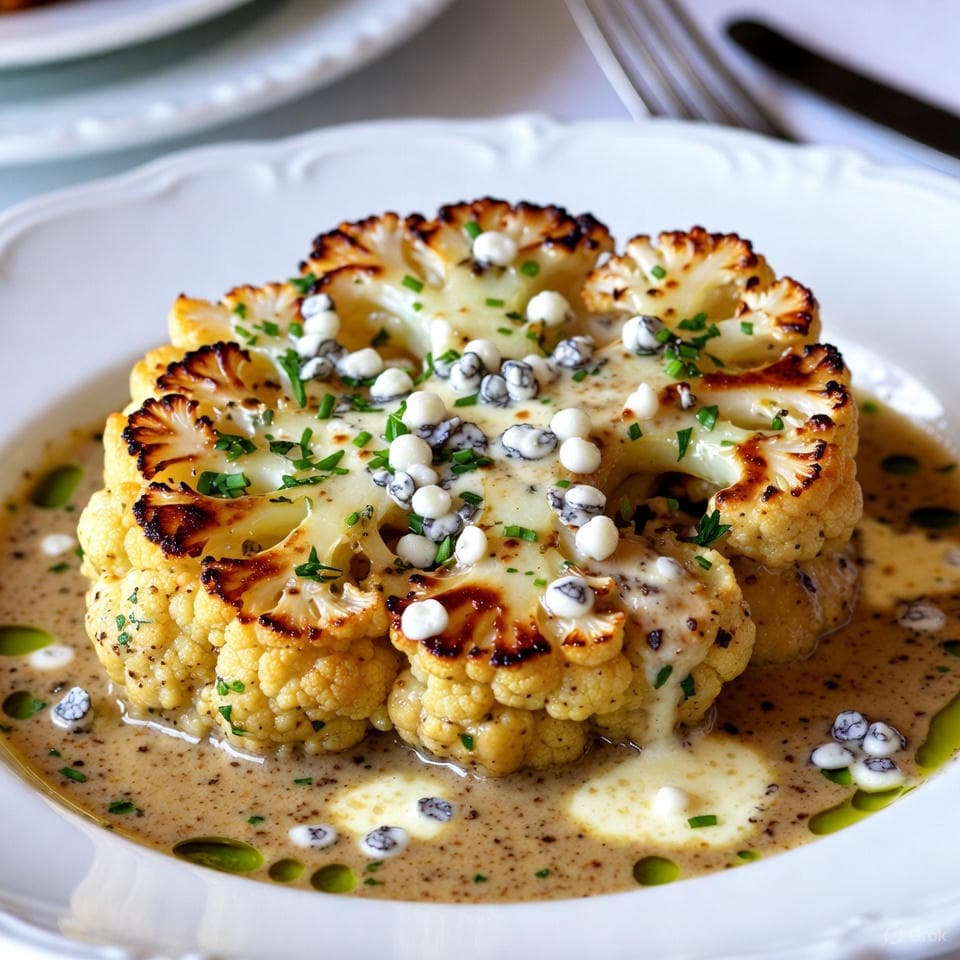 Luxurious truffle-infused cream-drenched cauliflower steak crowned with melting gorgonzola pearls and hazelnut crunch