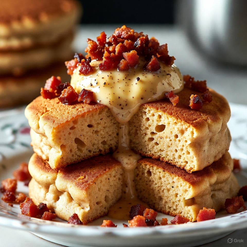 Fluffy almond flour "pancakes" stacked with truffle butter schmear, dusted in bacon crumble confetti and maple essence mist