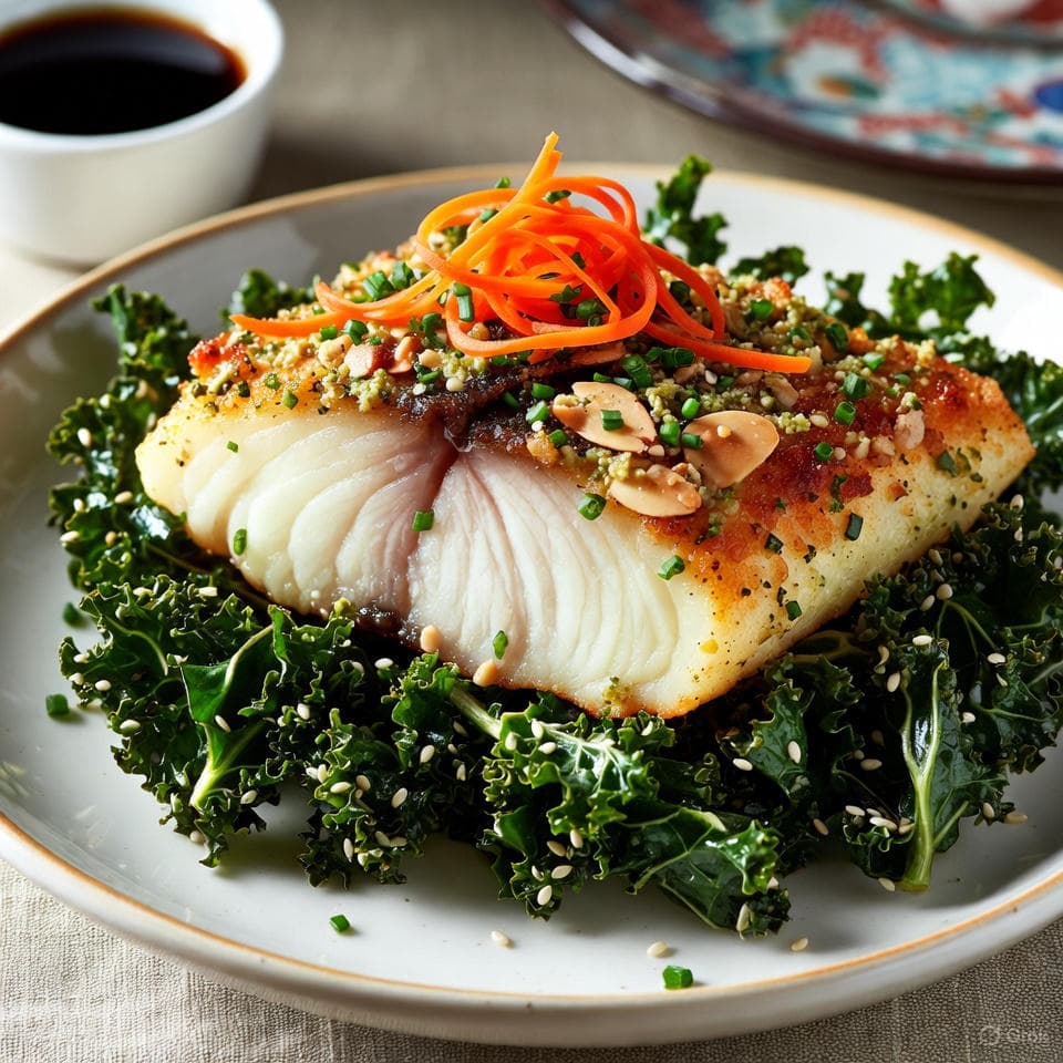 Zesty wasabi-kissed almond-crusted cod flaking over sesame-dusted kale chips with pickled ginger slivers