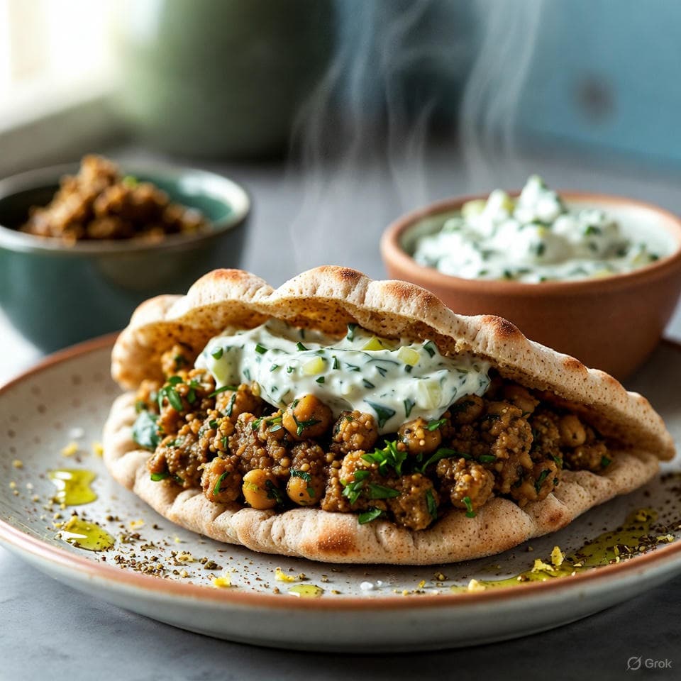 Crispy za'atar-crusted chickpea falafel balls stuffed in low-carb pitas, swirled with garlicky tzatziki and olive tapenade