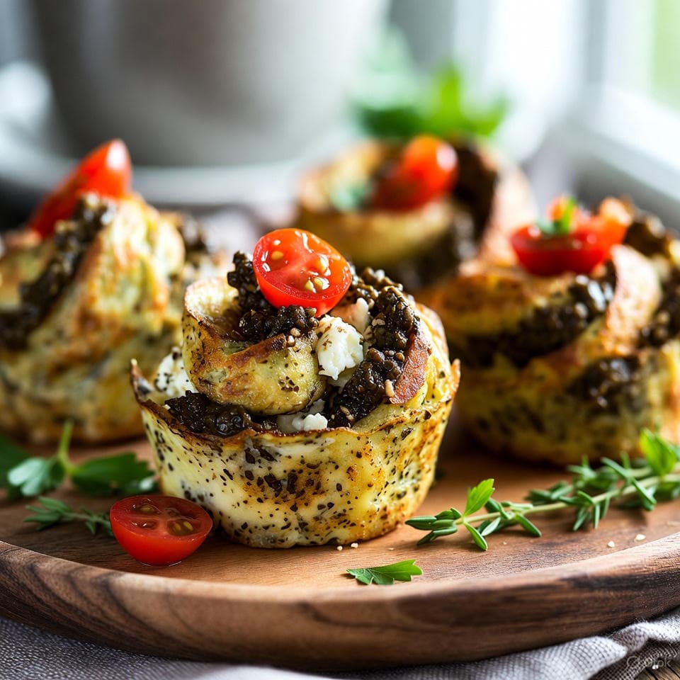 Mini za'atar-dusted feta frittata bites baked golden, twisted with olive tapenade swirls and cherry tomato confetti