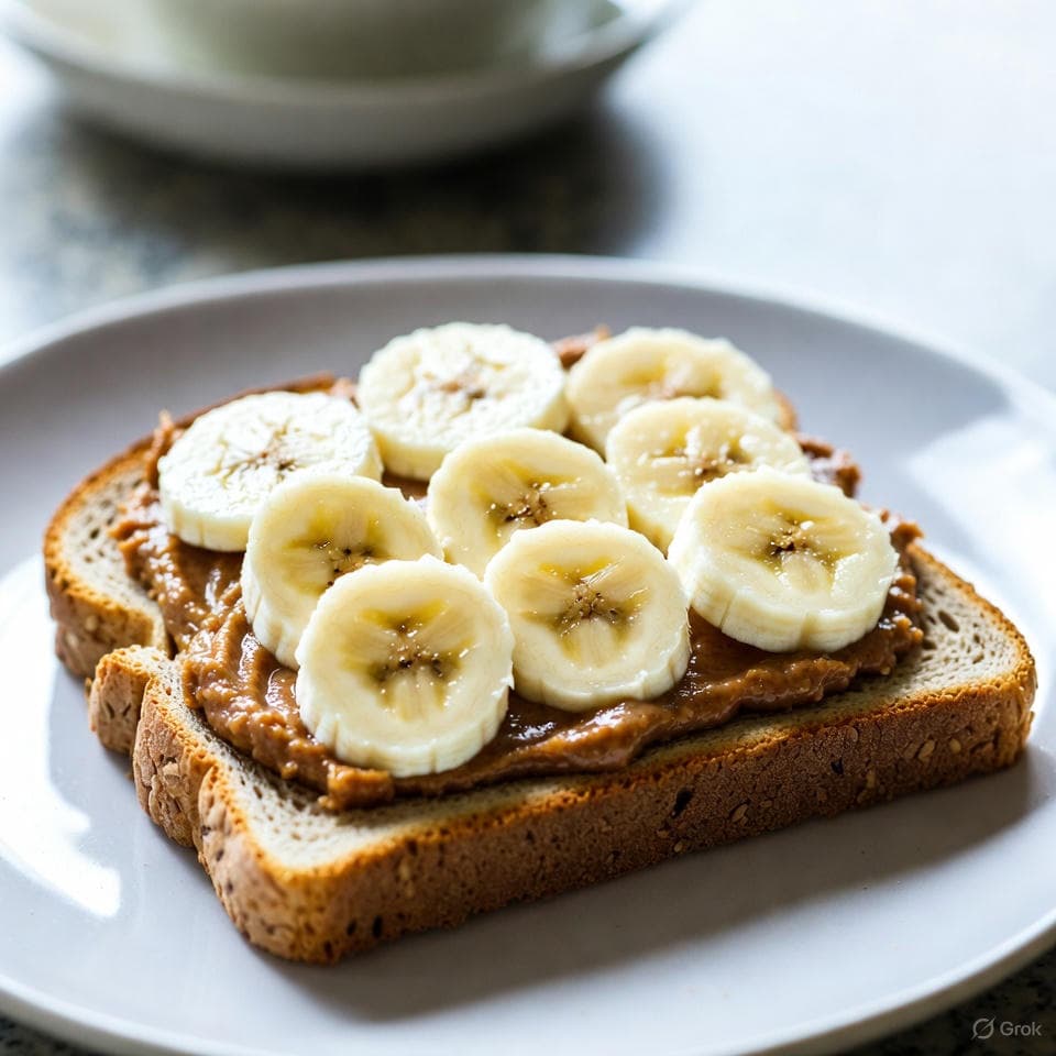 Toasted whole-grain bread slathered with spiced almond butter and crowned with caramelized banana slices