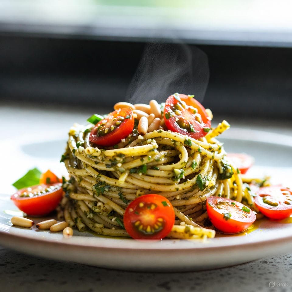Twirled Basil-Garlic Whole Wheat Pesto Pasta with cherry tomatoes, toasted pine nuts, and parmesan sprinkle