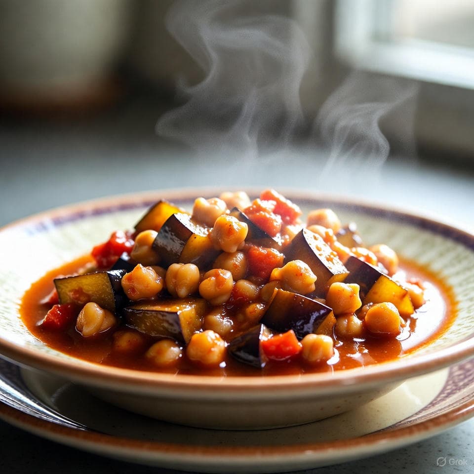 Rich, simmering smoky eggplant and chickpea stew with chopped tomatoes, minced garlic, fresh oregano, thyme, and a swirl of olive oil