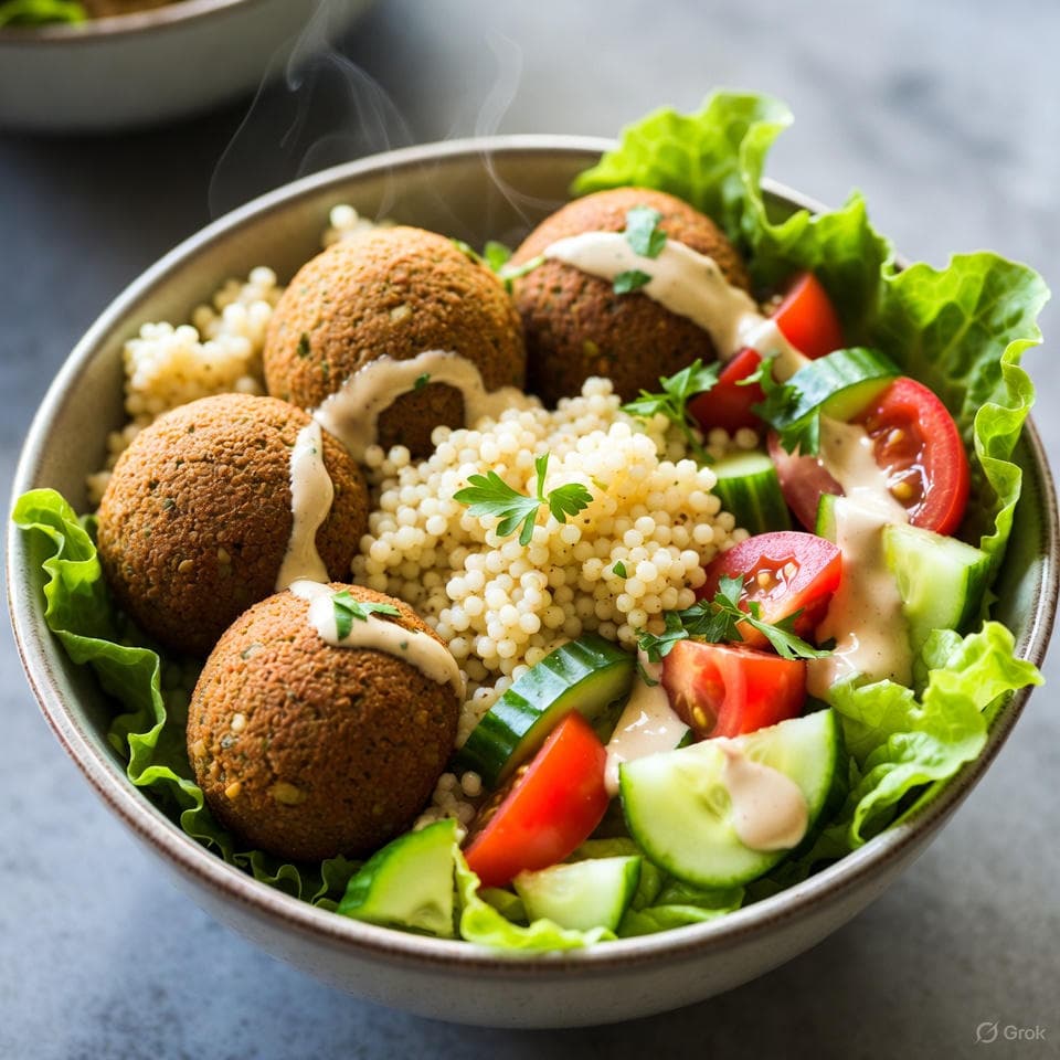 Hearty falafel power bowl with spiced baked falafel balls, fluffy couscous, chopped cucumber-tomato-romaine mix, and a creamy lemon-tahini drizzle garnished with parsley