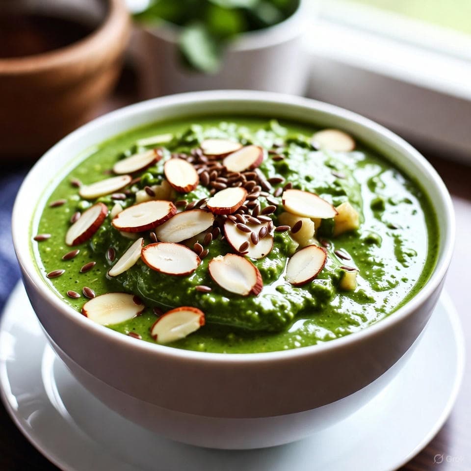 Vibrant green smoothie bowl swirled with banana yogurt base, topped with toasted almonds, flaxseeds, and lemon zest