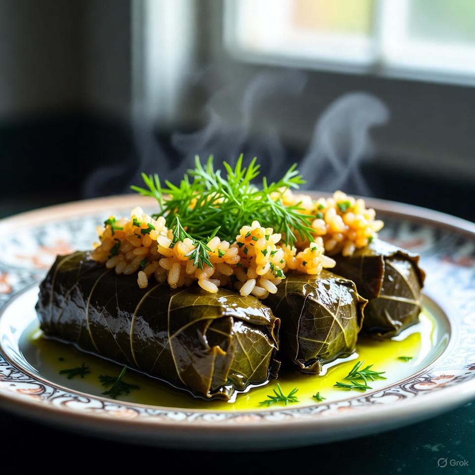 Rolled Herb-Laced Dolmades stuffed with rice, dill, and pine nuts, simmered in lemon broth and garnished with parsley