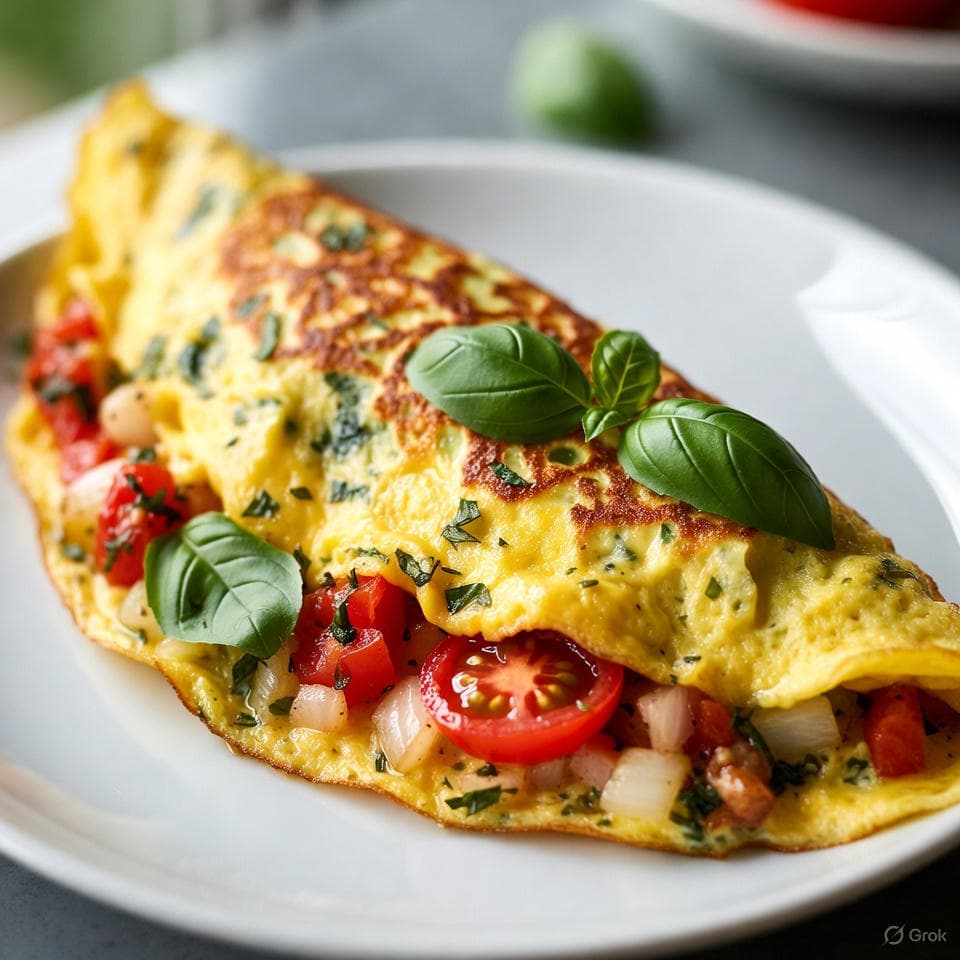 Fluffy basil-infused omelet folded over colorful diced tomatoes, onions, and fresh herbs