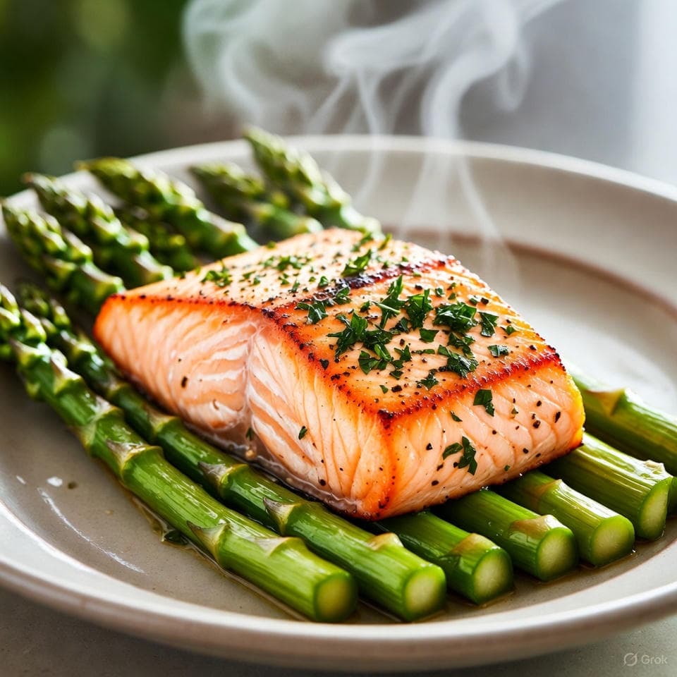 Baked Lemon-Herb Salmon fillet with asparagus spears on a parchment-lined sheet, drizzled in olive oil and garnished with fresh dill