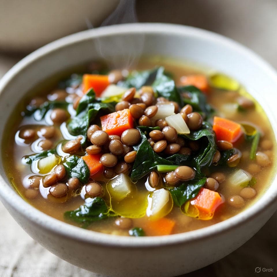 Steaming bowl of aromatic cumin-spiced lentil soup brimming with diced carrots, wilted spinach, onions, and garlic flecks