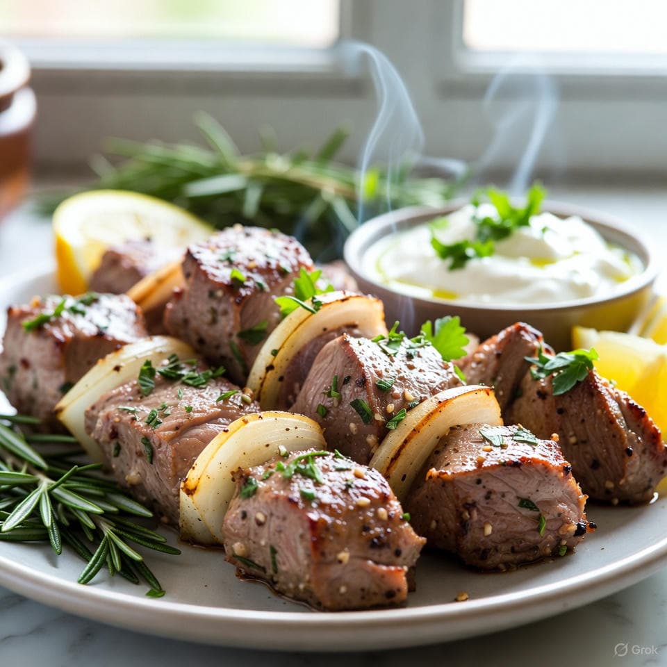 Grilled Rosemary-Infused Lamb Kebabs with onion chunks, served alongside a creamy yogurt dip and mint garnish