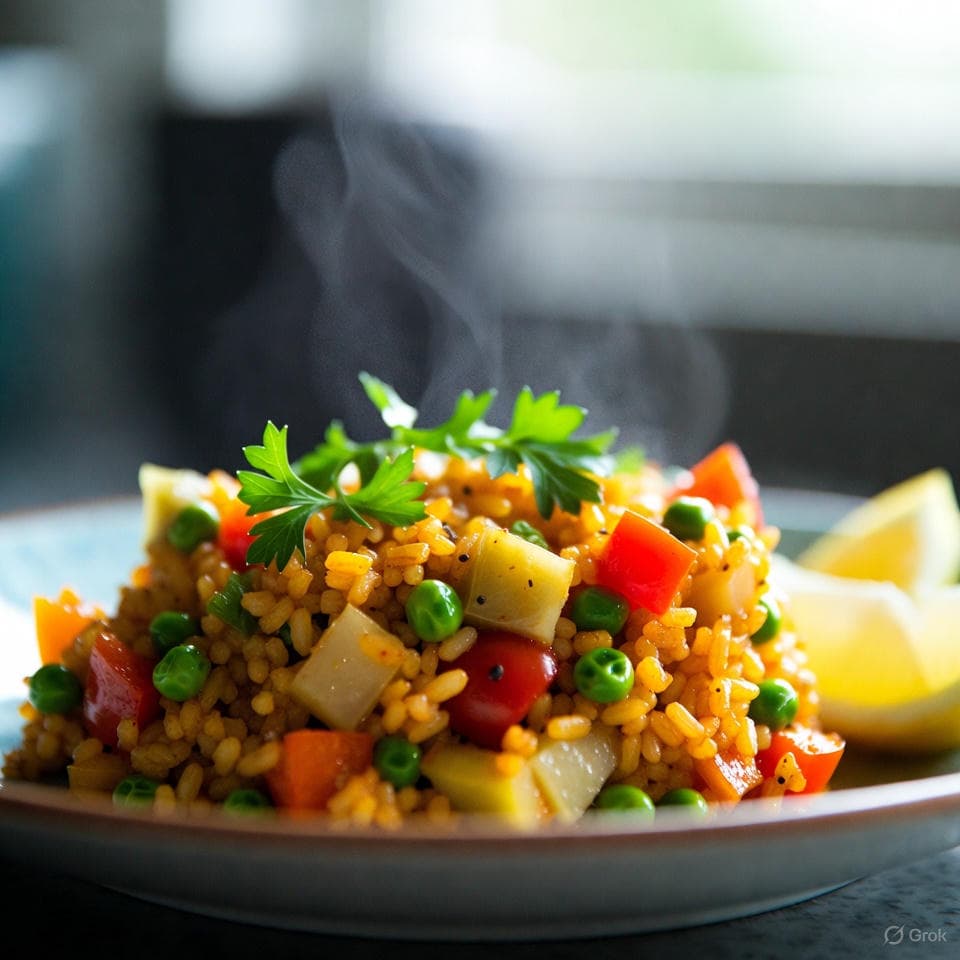 Golden Saffron-Infused Vegetable Paella in a skillet with peas, artichoke hearts, bell peppers, and cherry tomatoes