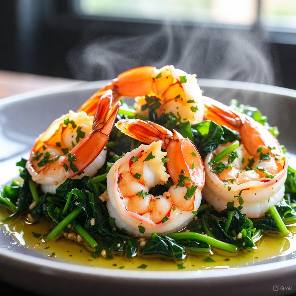 Sautéed Zesty Lemon-Garlic Shrimp over a bed of steamed spinach and kale, garnished with fresh parsley