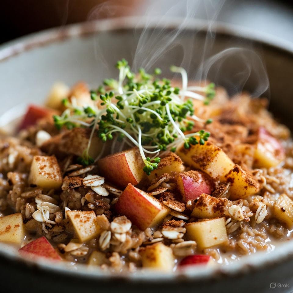 Baked oats with sliced apples, cinnamon dusting, and warm steam rising