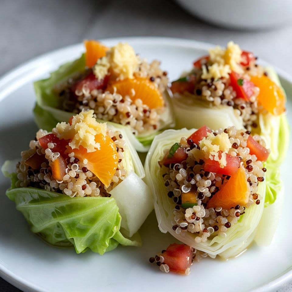 Steamed cabbage leaves wrapped around quinoa filling with orange segments