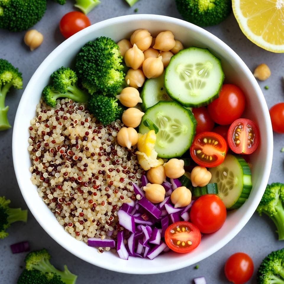 Vibrant quinoa bowl layered with chickpeas, cucumber slices, cherry tomatoes, and lemon zest
