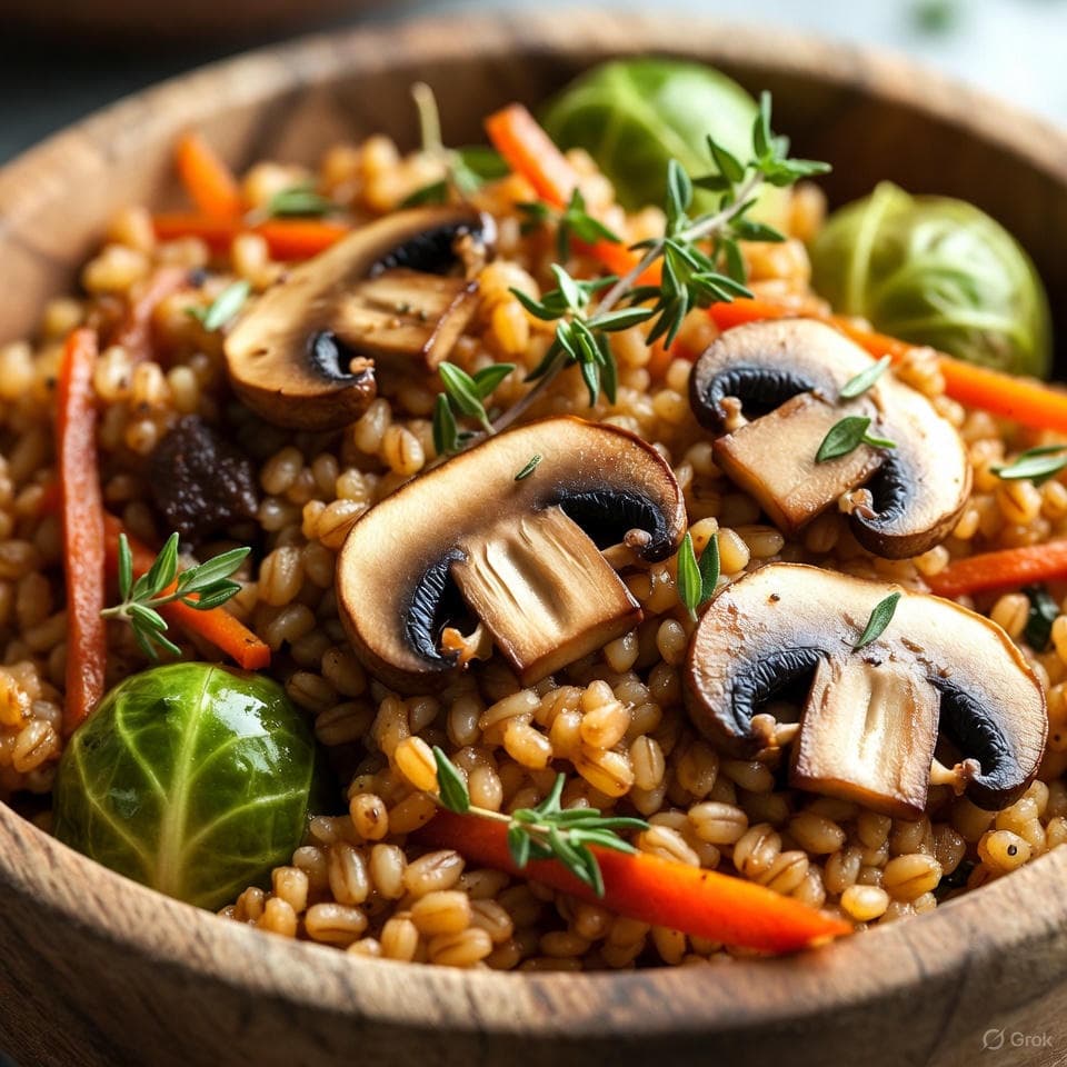 Hearty barley bowl with sliced mushrooms, carrots, and thyme sprigs
