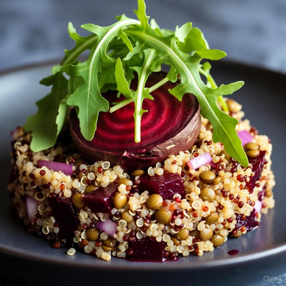 Roasted beet quinoa salad draped with arugula and balsamic mist