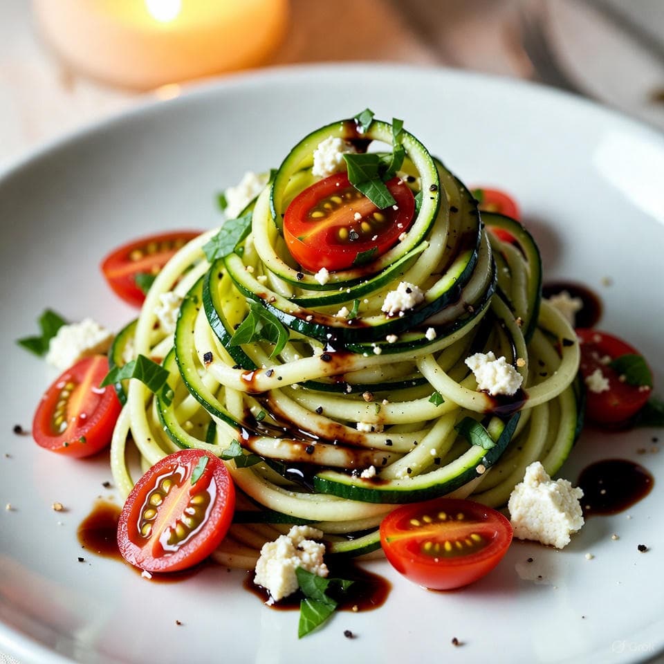 Spiralized zucchini entwined with cherry tomatoes, basil, and crumbled tofu