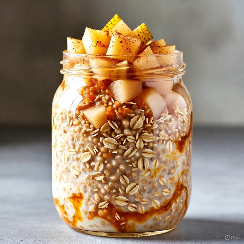 Jar of overnight oats with pumpkin puree, spices, and a cinnamon sprinkle