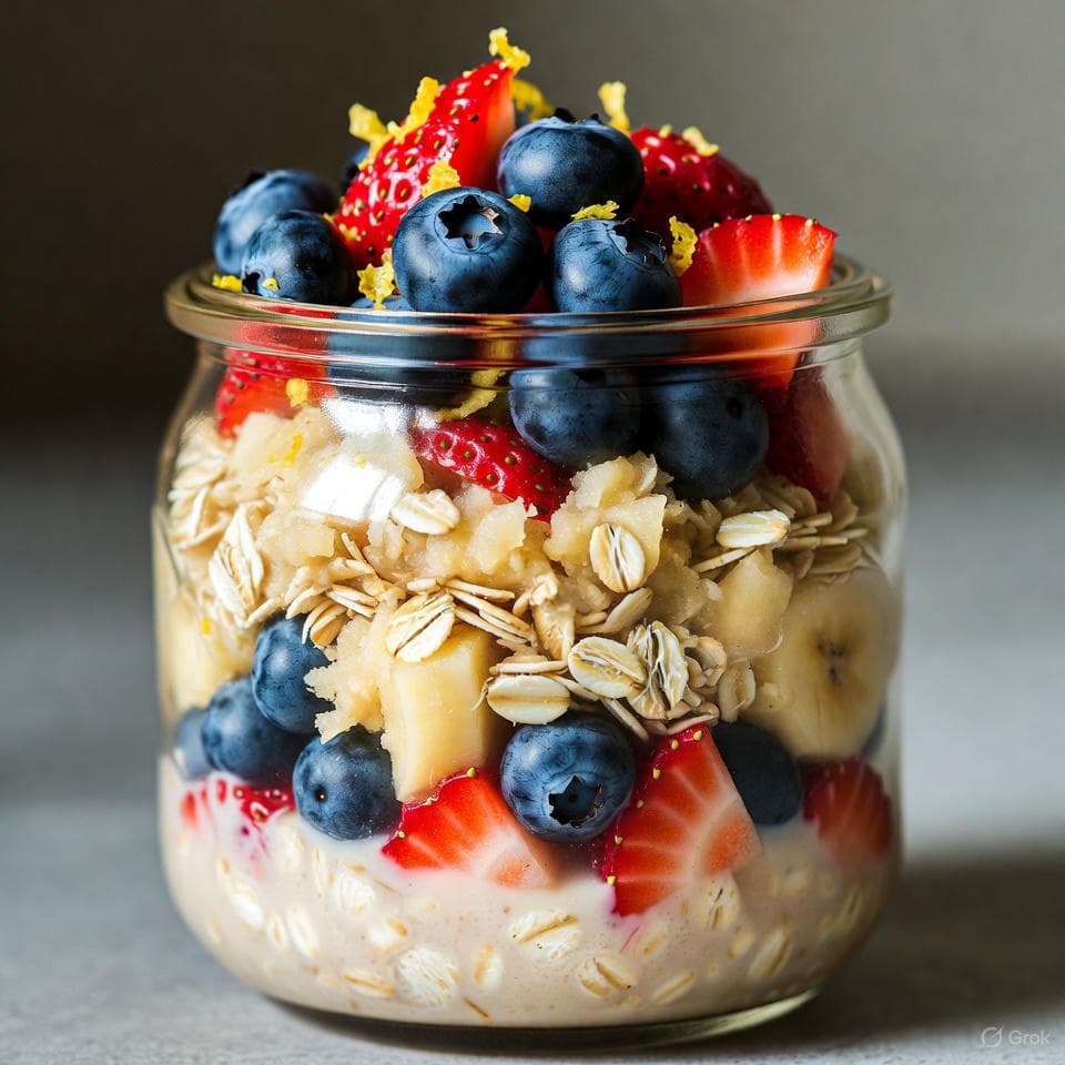 Layered berry oat parfait in a glass jar with vibrant red berries and golden oats