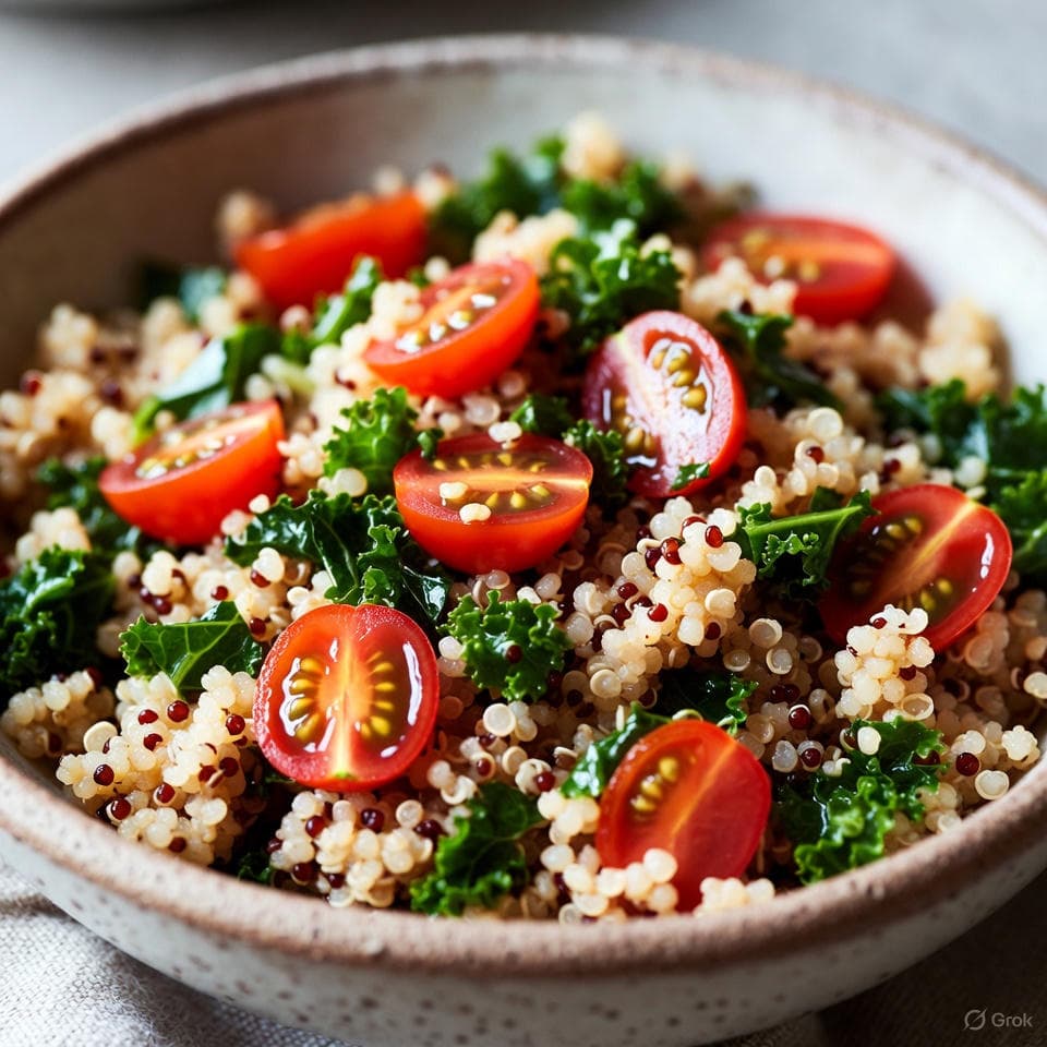 Warm quinoa bowl with diced tomatoes, minced garlic, and fresh herbs